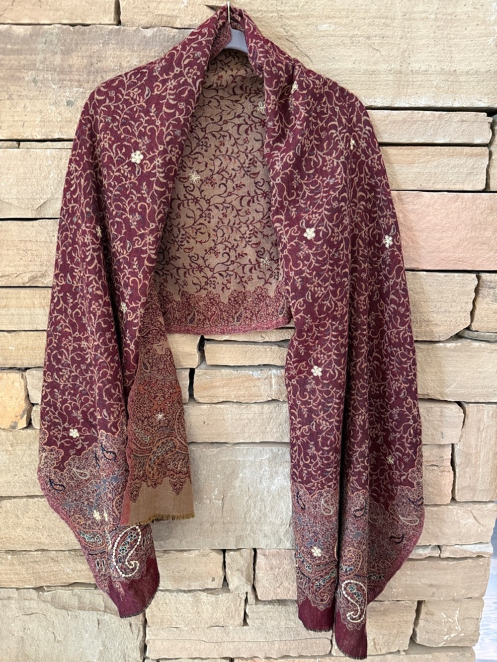 Paisley Embroidered New Wool Shawl Scarf, Autumn Colors, Subtle Bling, Versatile